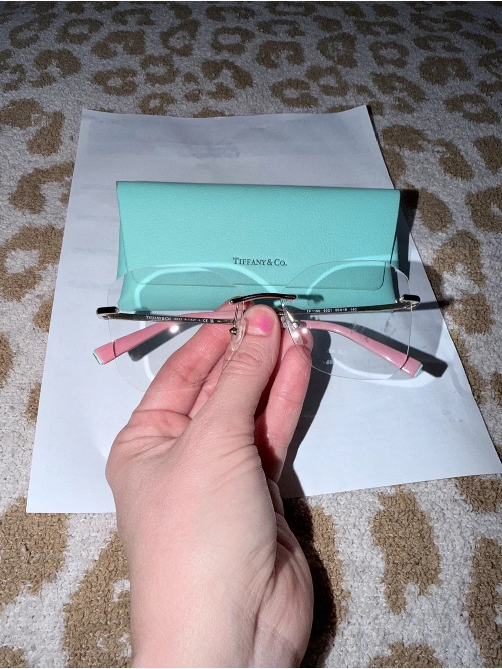 Tiffany & Co. Rimless Glasses with Pink Temples and Gold Accents